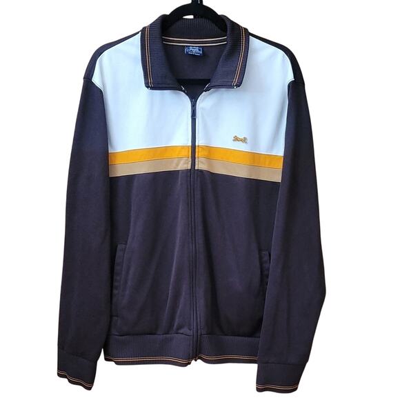 Vintage Le Tigre Men’s XL Track Jacket Brown Yellow White Retro Full Zip 70s - Picture 1 of 15